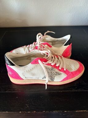 Golden Goose Women's White Sneakers with Hot Pink Suede & Silver Star